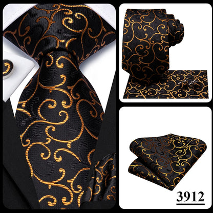 Hi-Tie Psialey Black Gold Silk Elegant Tie For Men Groom Wedding Men Necktie Pocket Square Cufflink Accessory Wholesale Designer