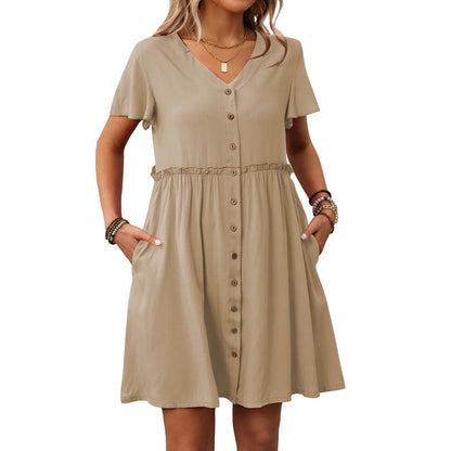 Spring Summer Button Down Dress Flutter Sleeve Cotton Linen A Line Dress With Pockets Beach Summer Knee Length Dresses For Women