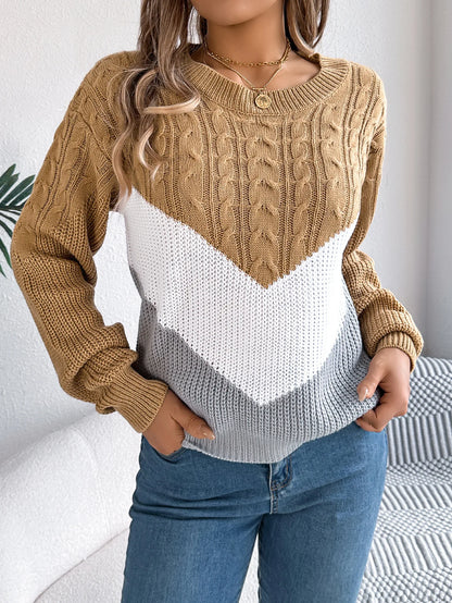 New Autumn Winter Color-blocking Lantern Sleeve Fashion Knitted Pullover Sweater Jersey Invierno Mujer Sweaters Womens Top Femme