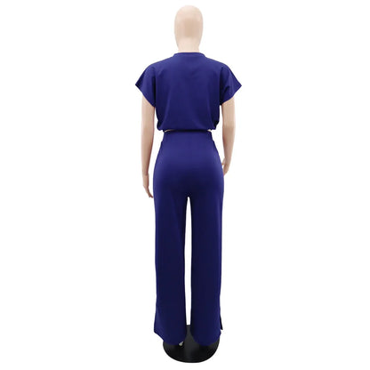 Women Casual Round Neck Drawstring Short Sleeve Top & High Waist Pants Set Summer Solid Two Piece Suit Sets Outfits Set Female