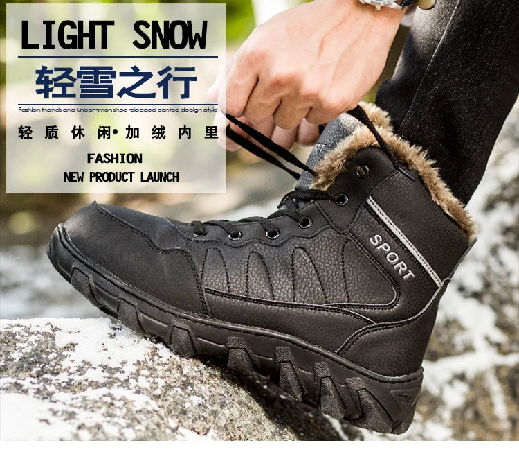 Men's Winter Snow Boots Leather Fabric Thickened Plush Shoes Extra Large Outdoor Mountaineering Anti Slip Training Shoes 39-48