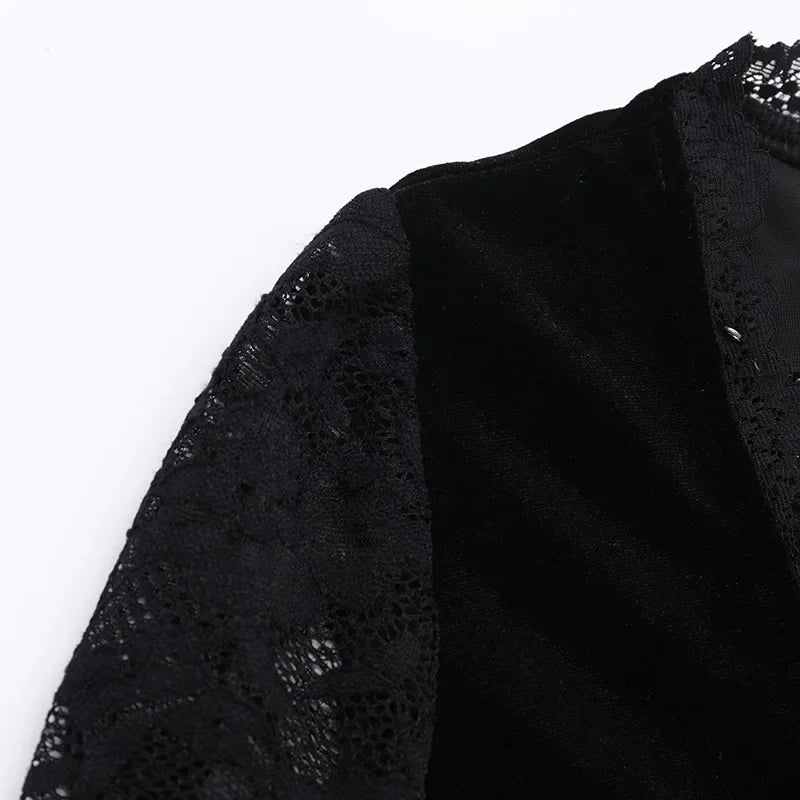 Y2K Goth Floral Lace Mesh Flared Sleeve Bodycon Party Dresses Sexy Vintage Elegant Black Velvet V-Neck Long Dress Partywear