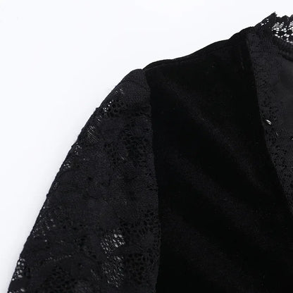 Y2K Goth Floral Lace Mesh Flared Sleeve Bodycon Party Dresses Sexy Vintage Elegant Black Velvet V-Neck Long Dress Partywear