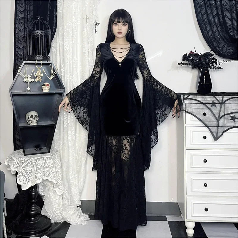 Y2K Goth Floral Lace Mesh Flared Sleeve Bodycon Party Dresses Sexy Vintage Elegant Black Velvet V-Neck Long Dress Partywear
