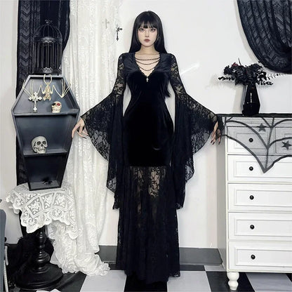 Y2K Goth Floral Lace Mesh Flared Sleeve Bodycon Party Dresses Sexy Vintage Elegant Black Velvet V-Neck Long Dress Partywear