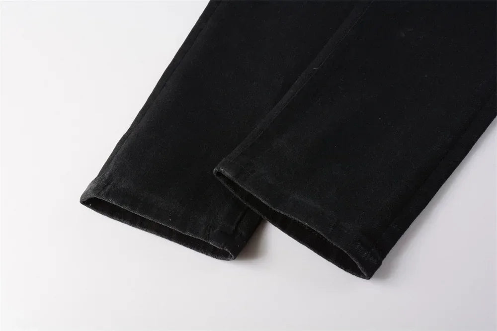 Purple jeans Man Fashion trend with high street Vintage Wash black pleat top quality Repair Low Rise Elastic Skinny jeans Brand