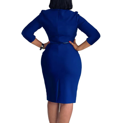L-3XL Plus Size Elegant Midi Dress 2025 Spring Summer Women Office Lady Dress Casual 3/4 Sleeve Bandage Robe Oversize Dress