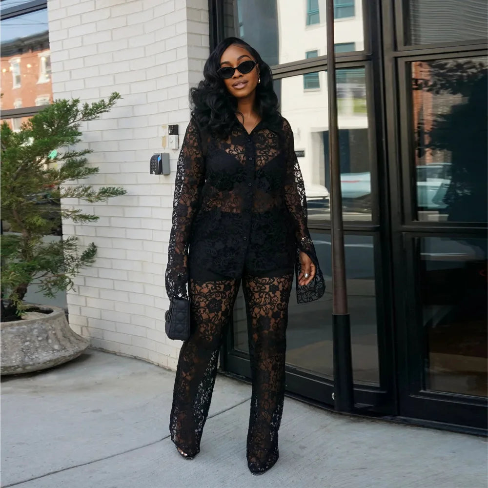 Perspective Lace Pants Set Summer 2024 New 2 Piece Set Chic Slim Elegant Office Women's Set Fashion Street Youth 2-piece Suit