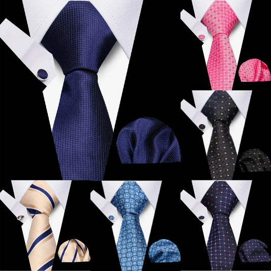 Classic Elegant Ties For Men Fashion Gifts Striped Solid Necktie Handchief Cufflink 3 Pcs Set Wedding Business Suit Accessories