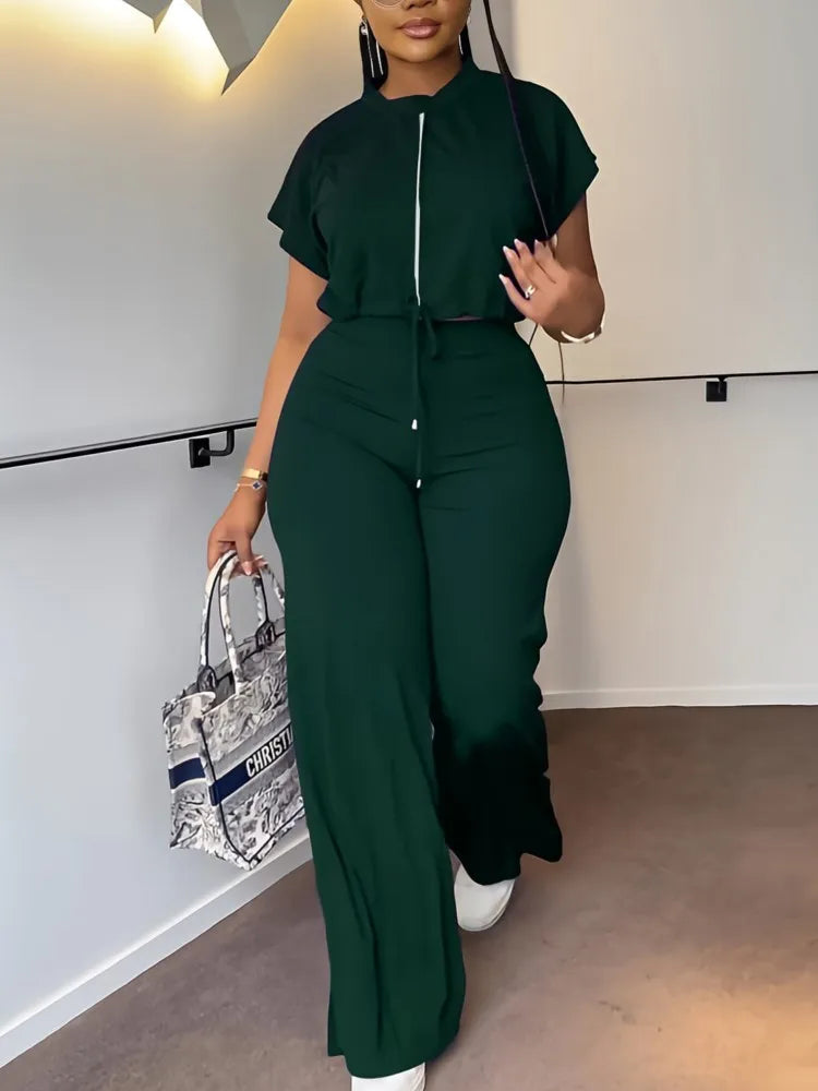 Women Casual Round Neck Drawstring Short Sleeve Top & High Waist Pants Set Summer Solid Two Piece Suit Sets Outfits Set Female