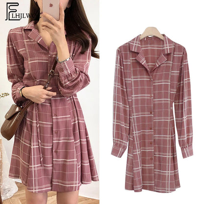 2023 Spring Summer Basic Dresses Hot Women Fashion Long Sleeve Cute Preppy Style Red Plaid Shirt Dress Bow Tie Vintage Dress