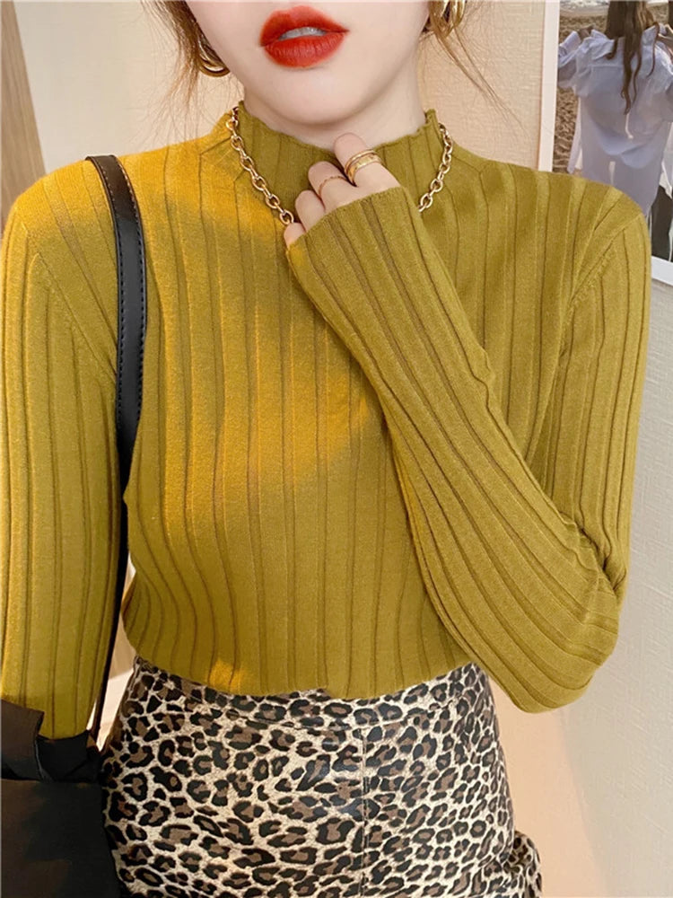 Autumn Winter Knitted Ribbed Turtleneck Sweater Women Clothes 2025 Long Sleeve Slim Basic Pullover Woman Sweaters Solid Tops