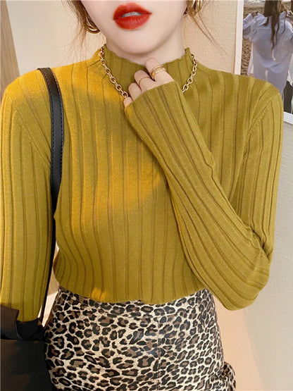 Autumn Winter Knitted Ribbed Turtleneck Sweater Women Clothes 2025 Long Sleeve Slim Basic Pullover Woman Sweaters Solid Tops