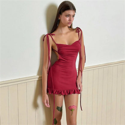 2024 European and American New High end Y2K Sexy Open Back Lace up Slim Fit Spicy Girl Short Skirt Summer Party Club Mini Dress