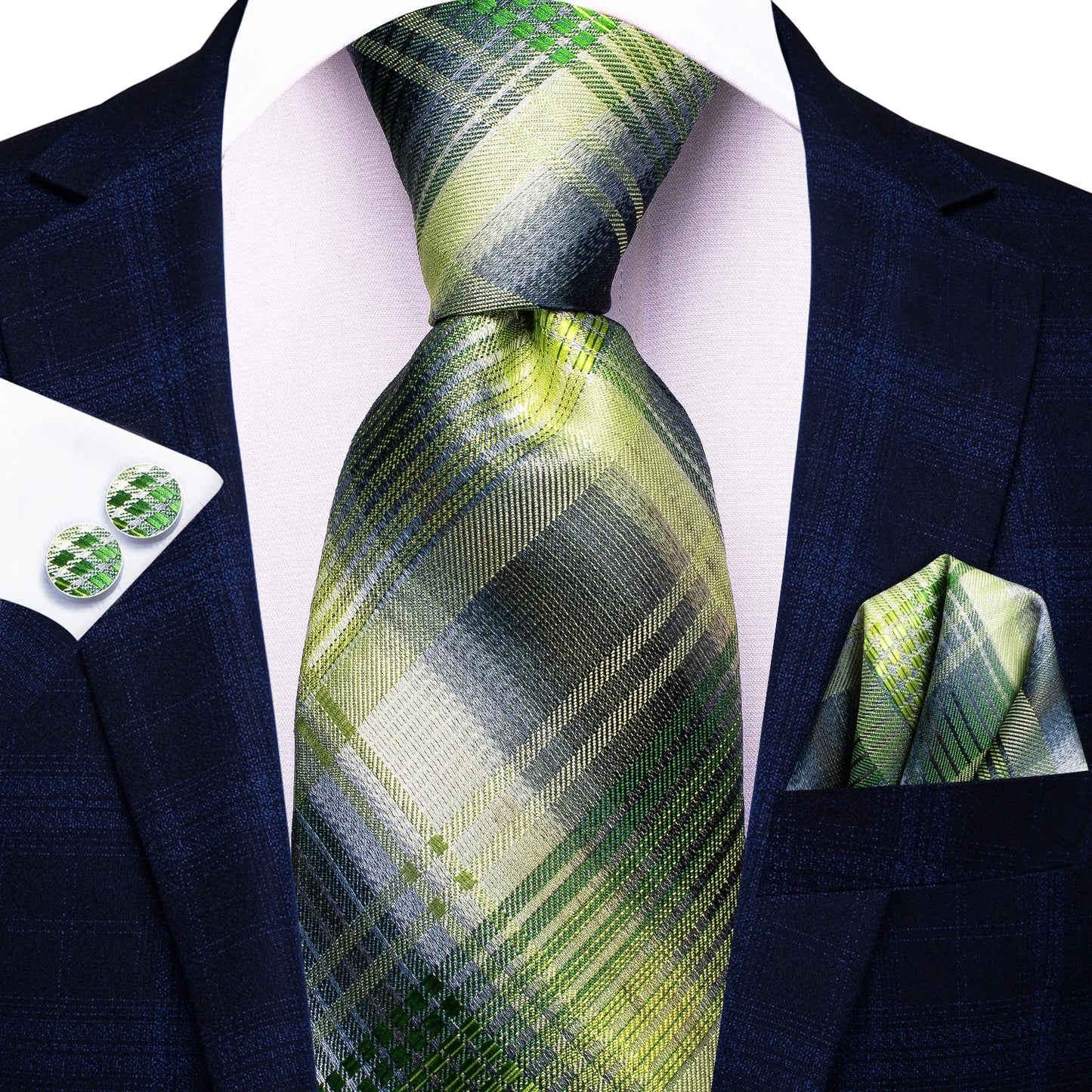 Hi-Tie Designer Silk Wedding Tie For Men Blue White Plaid Handky Cufflink Set Fashion Necktie For Men Business Party Wholesale