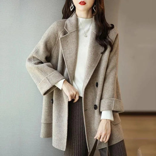 Basics Solid Pockets Coats Women Korean Style Basics Solid Turn-Down Collar Coat Casual Comfortable Loose Wool Autumn Winter