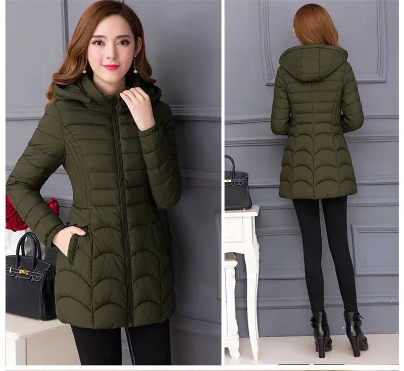 2024Fashion Middle Age Mother Slim Down Cotton Hooded Jacket Plus Size Casual Solid WarmThick Outwear Parka Winter Coat Women