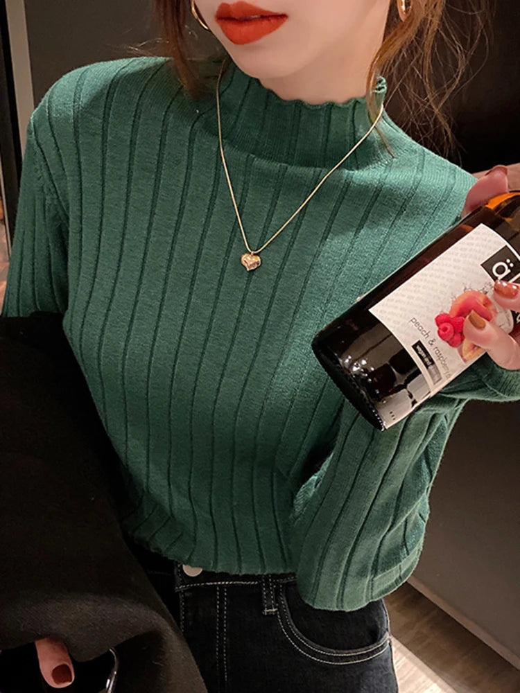Autumn Winter Knitted Ribbed Turtleneck Sweater Women Clothes 2025 Long Sleeve Slim Basic Pullover Woman Sweaters Solid Tops