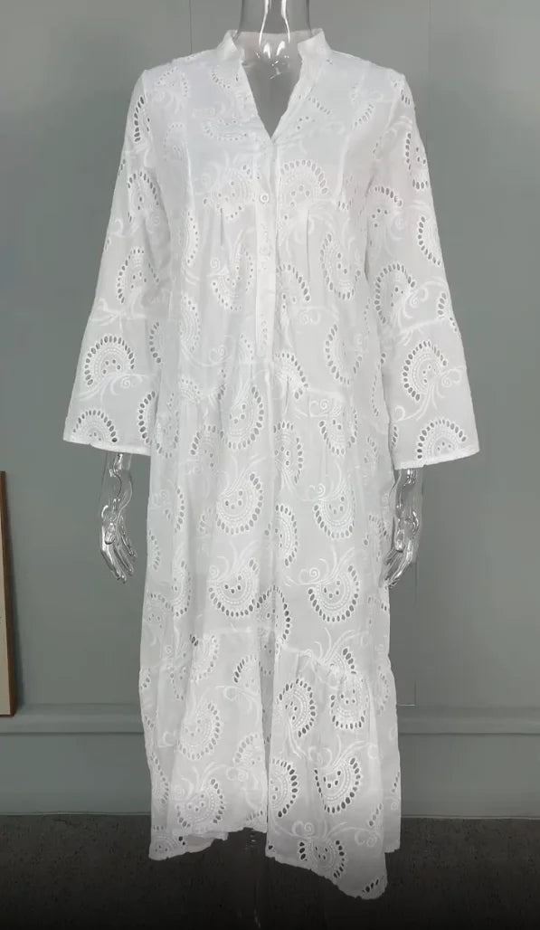 Dresses for Dresses Spring Summer Shirt Dress 2024 White dresses V-Neck Flared Sleeves Lace Hollow Solid Color Sexy Long Dresses