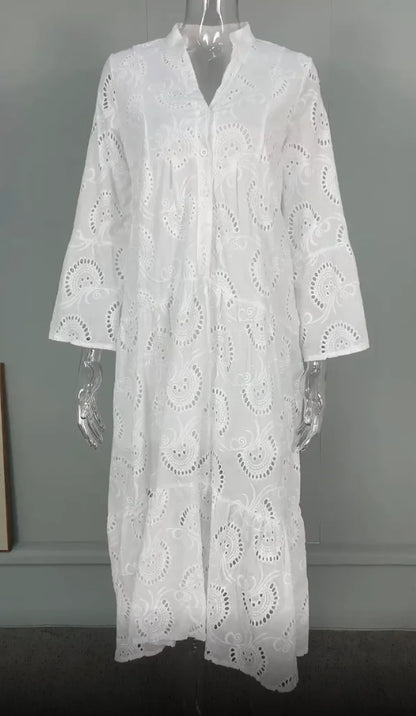 Dresses for Dresses Spring Summer Shirt Dress 2024 White dresses V-Neck Flared Sleeves Lace Hollow Solid Color Sexy Long Dresses