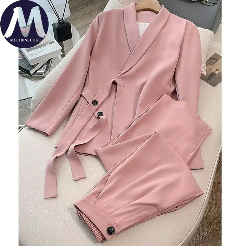 Women's Korean Fashion Long Sleeve Blazer And Wide Leg Pants Two-Piece Set Office Casual Loose Fit Spring Autumn Suits