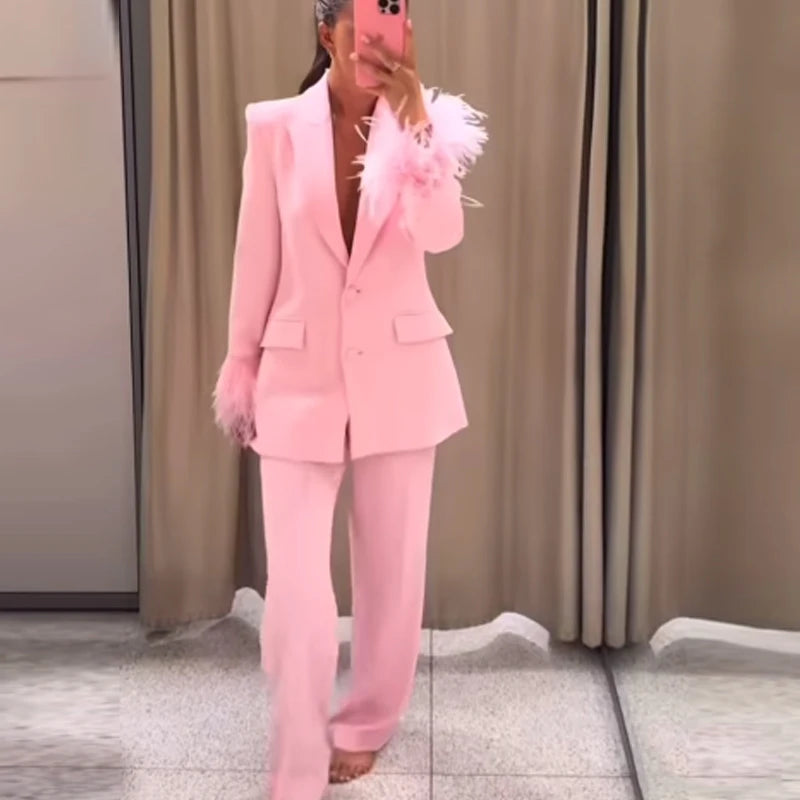 HXAO Feather Blazer And Pants Sets Women's Two Pieces Set Formal Pink Suit Woman Office Wear 2 Piece Sets Ladies Blazer Sets