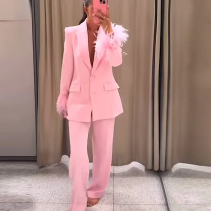 HXAO Feather Blazer And Pants Sets Women's Two Pieces Set Formal Pink Suit Woman Office Wear 2 Piece Sets Ladies Blazer Sets