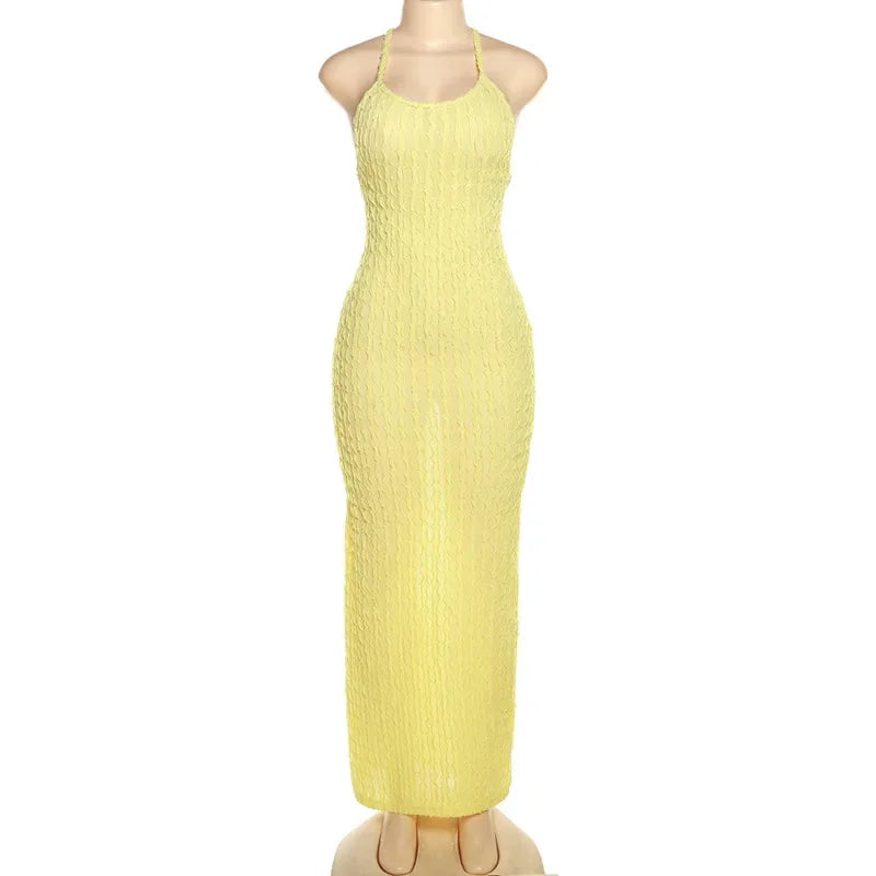 ANJAMANOR Halter Backless Maxi Summer Dresses for Women 2023 Sexy Beach Vacation Outfits Yellow Frilled Slit Long Dress D96-BH26