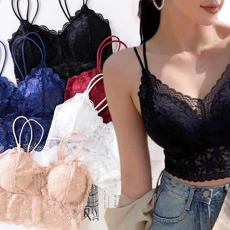 Women Wireless Lace Flower Bra Push Up Bralette Sexy Lingerie Full Cup Backless Vest Brassiere Soft Top Plus Size Underwear