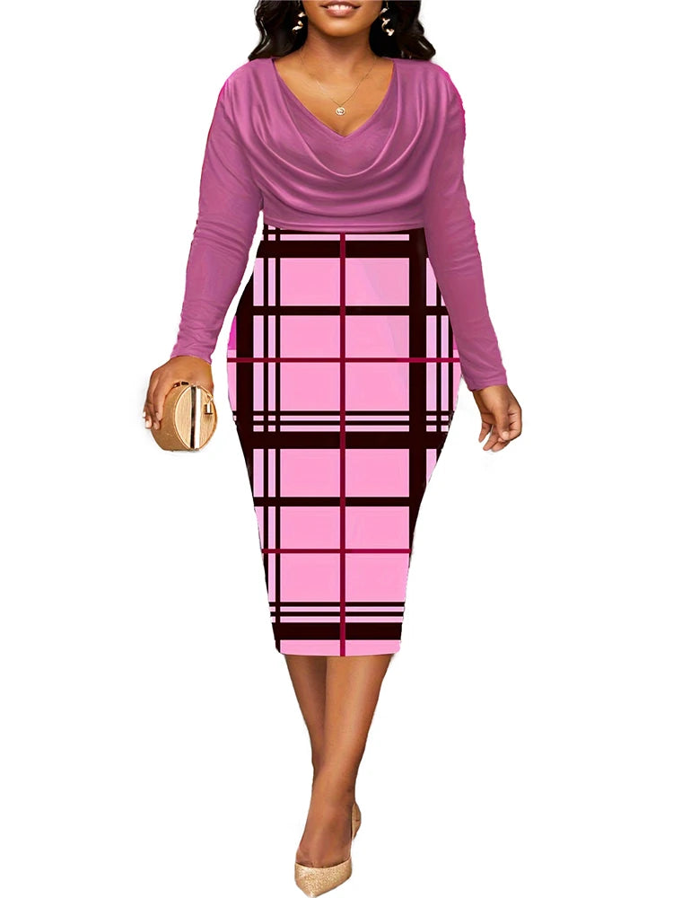 Women's Digital Printing V Neck Long Sleeve Dresses Slim Hip Lifting Sexy Fashion Plus Size Best Choice for Autumn