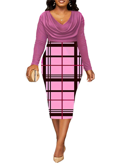 Women's Digital Printing V Neck Long Sleeve Dresses Slim Hip Lifting Sexy Fashion Plus Size Best Choice for Autumn