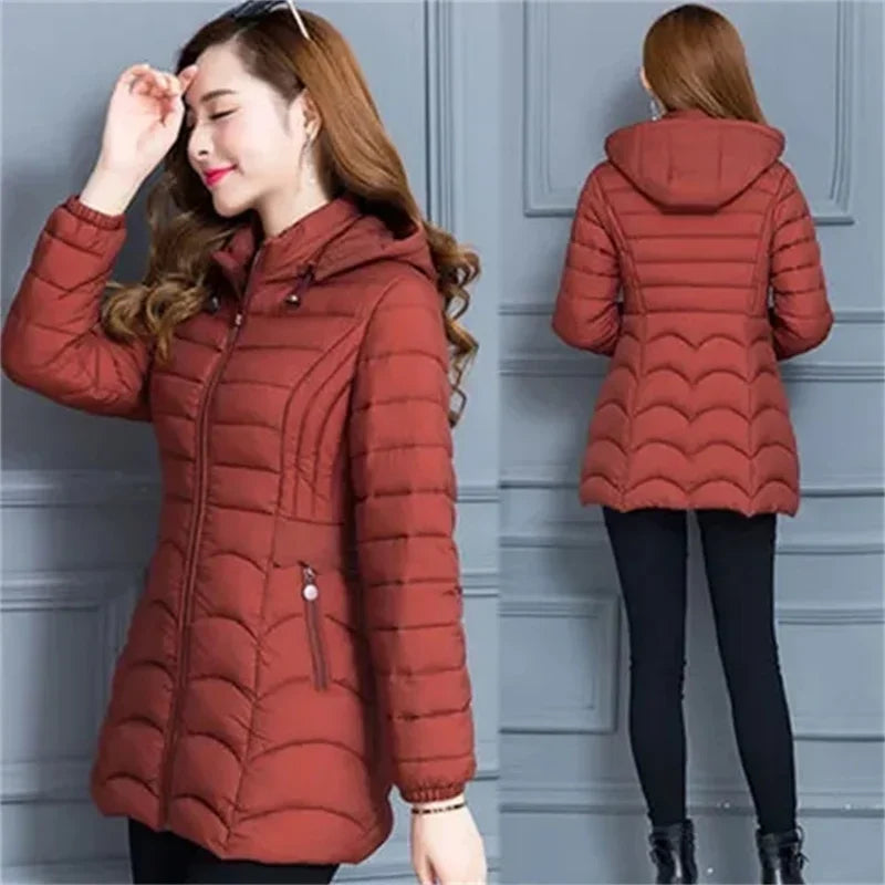 2024Fashion Middle Age Mother Slim Down Cotton Hooded Jacket Plus Size Casual Solid WarmThick Outwear Parka Winter Coat Women