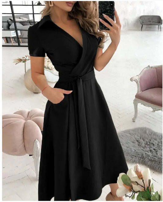 Women's New Short Sleeve Dress Spring Summer Fashion V-neck Printed Bag Hip Dress for Women  Temperament  Personality Wear