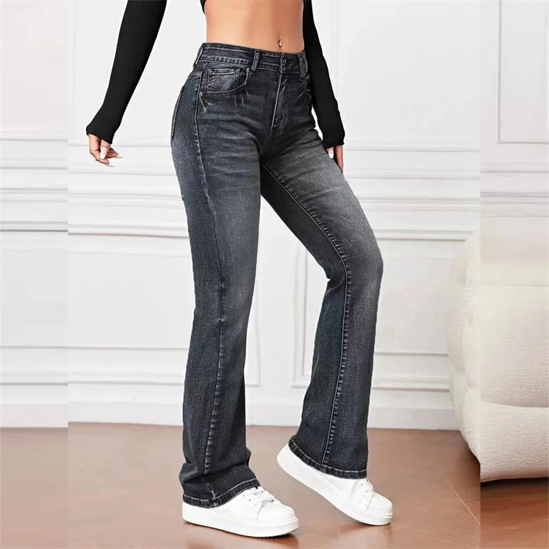 Women New Casual Micro Flares Jeans Vintage Mid Waist Button Splice Denim Pants Female Office Commuter Trousers Trend Streetwear