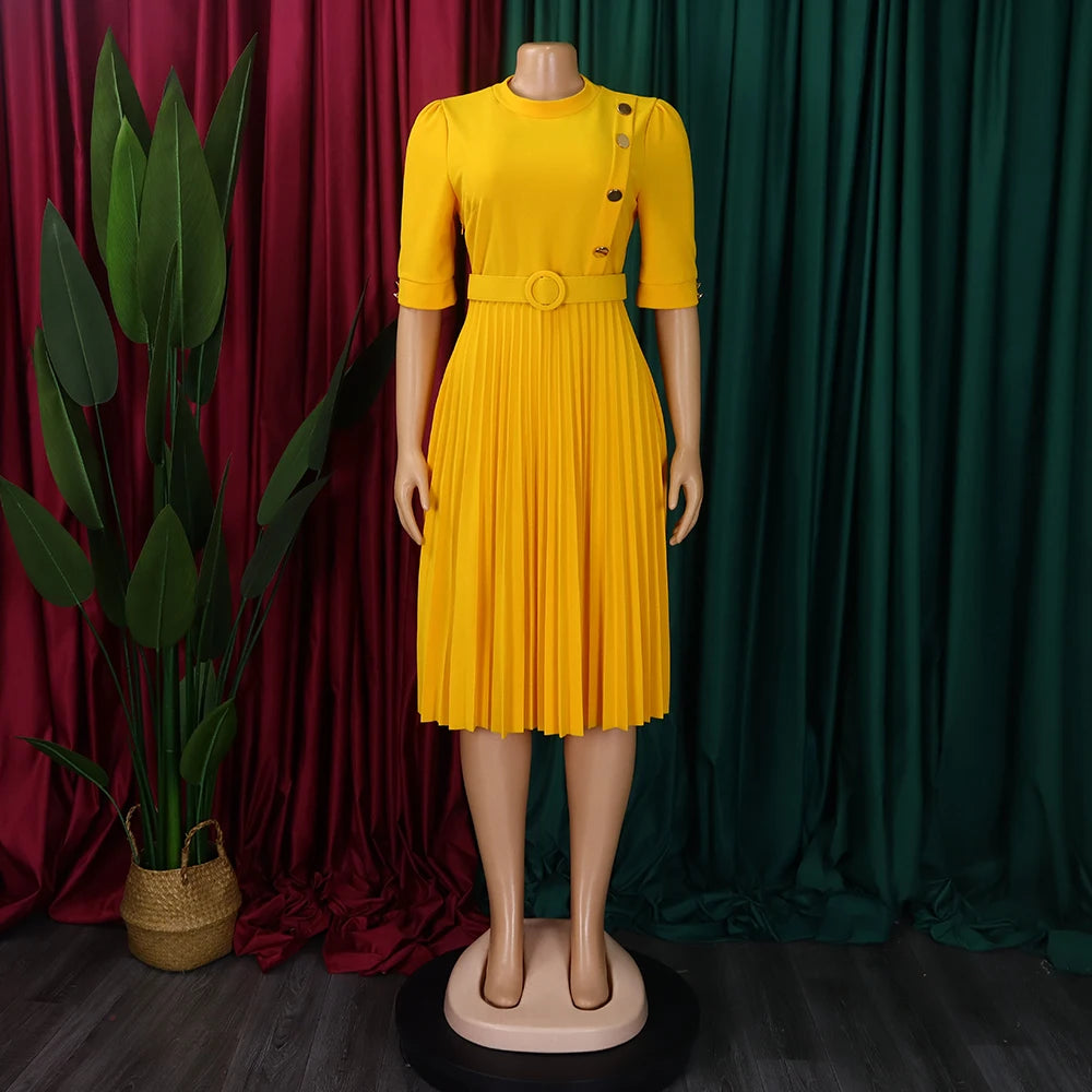 Elegant Office Pleated Dresses for Woman 2024 O Neck Buttons Belt Waisted Mid Calf Fashion Female Business Work Wear Dress Midi