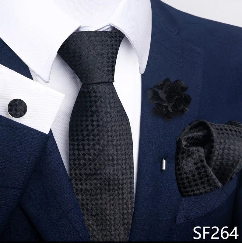 Luxury Mens Ties Floral Black Gold Ties Paisley NeckTie Pocket Square Cufflinks Brooch Set Men's Wedding Party Tie