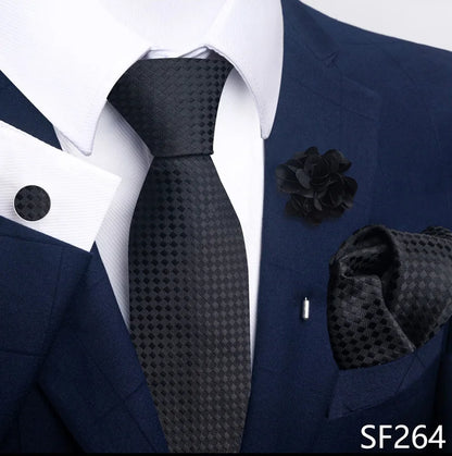 Luxury Mens Ties Floral Black Gold Ties Paisley NeckTie Pocket Square Cufflinks Brooch Set Men's Wedding Party Tie