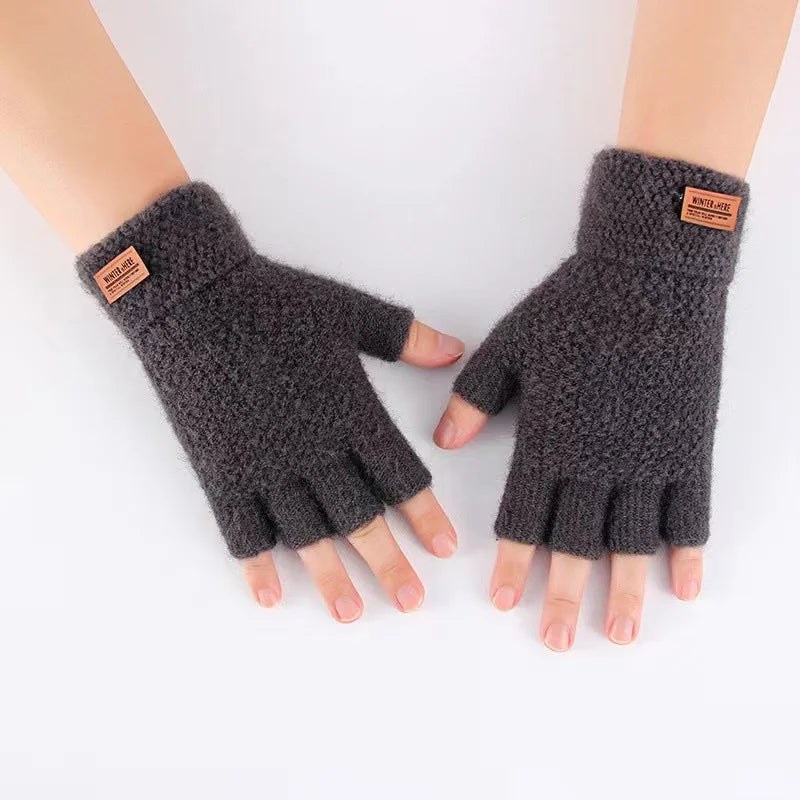 New Men Winter Wool Fingerless Gloves Half Finger Writting Office Knitted Alpaca Warm Leather Label Outdoor Thick Driving Gloves