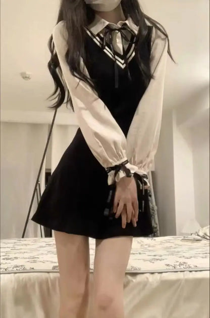 Spring Summer Fashion Fake Two Pieces Dresses Women High Street Turn-down Collar Long Sleeve Dress Elegant Button Bow Vestidos