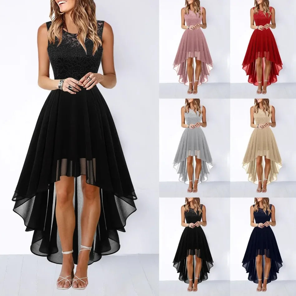 Europe America 2025 Spring Summer Dress for Women Clothing New Hollow Solid Chiffon Dress Dinner Lace Dresses Women A-line Skirt