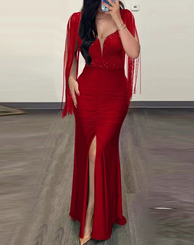Womens Dresses 2024 Summer Fashion Contrast Sequin Ruched Slit Tassel Design Sexy Plunge Short Sleeve Skinny Maxi Evening Dress