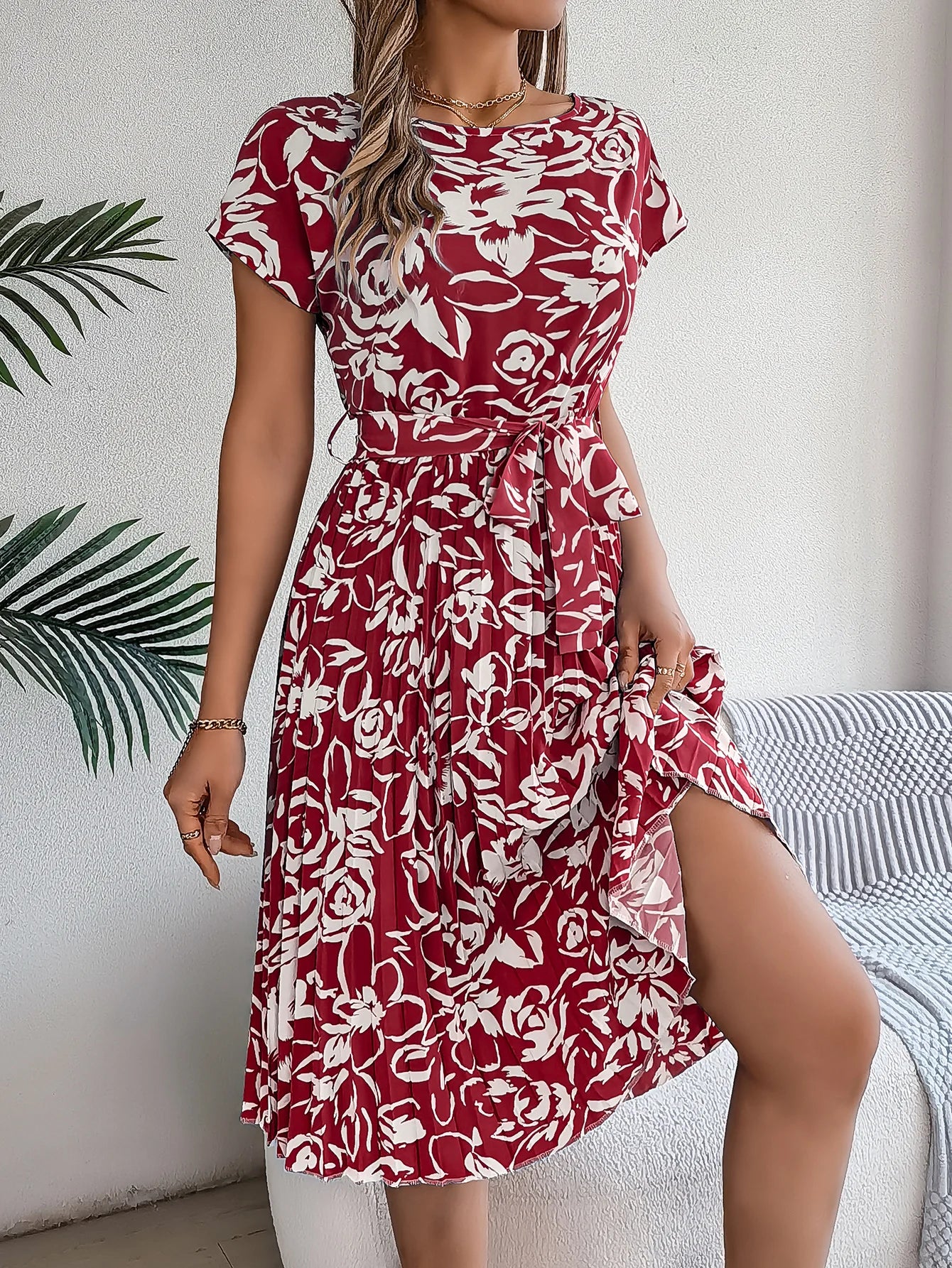 Spring Summer Elegant Flower Print Dress Short Sleeve Folded Dresses for Women Mother's Day