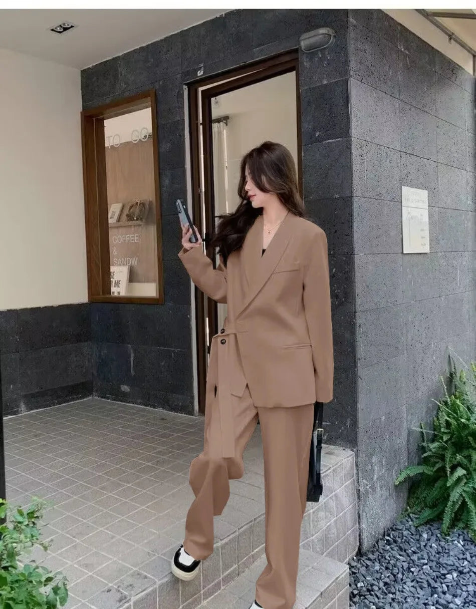 Women's Korean Fashion Long Sleeve Blazer And Wide Leg Pants Two-Piece Set Office Casual Loose Fit Spring Autumn Suits