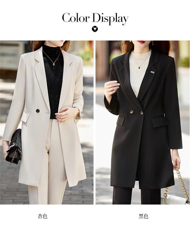 2025 New Blazer Jacket Autumn Winter Casual Long Sleeve Female Suit Coat Mid Long Double Breasted Women Work Wear Jacket