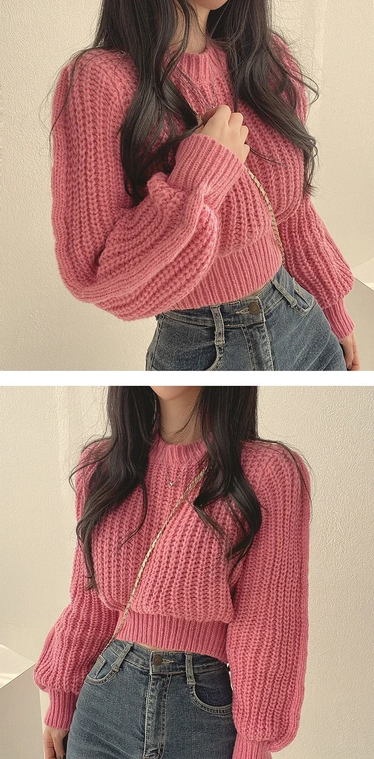 Pink Cropped Knitted Sweaters for Women 2024 Korean Fashion Loose Long Sleeve Jersey Woman Solid Color Wild Round Neck Pullover