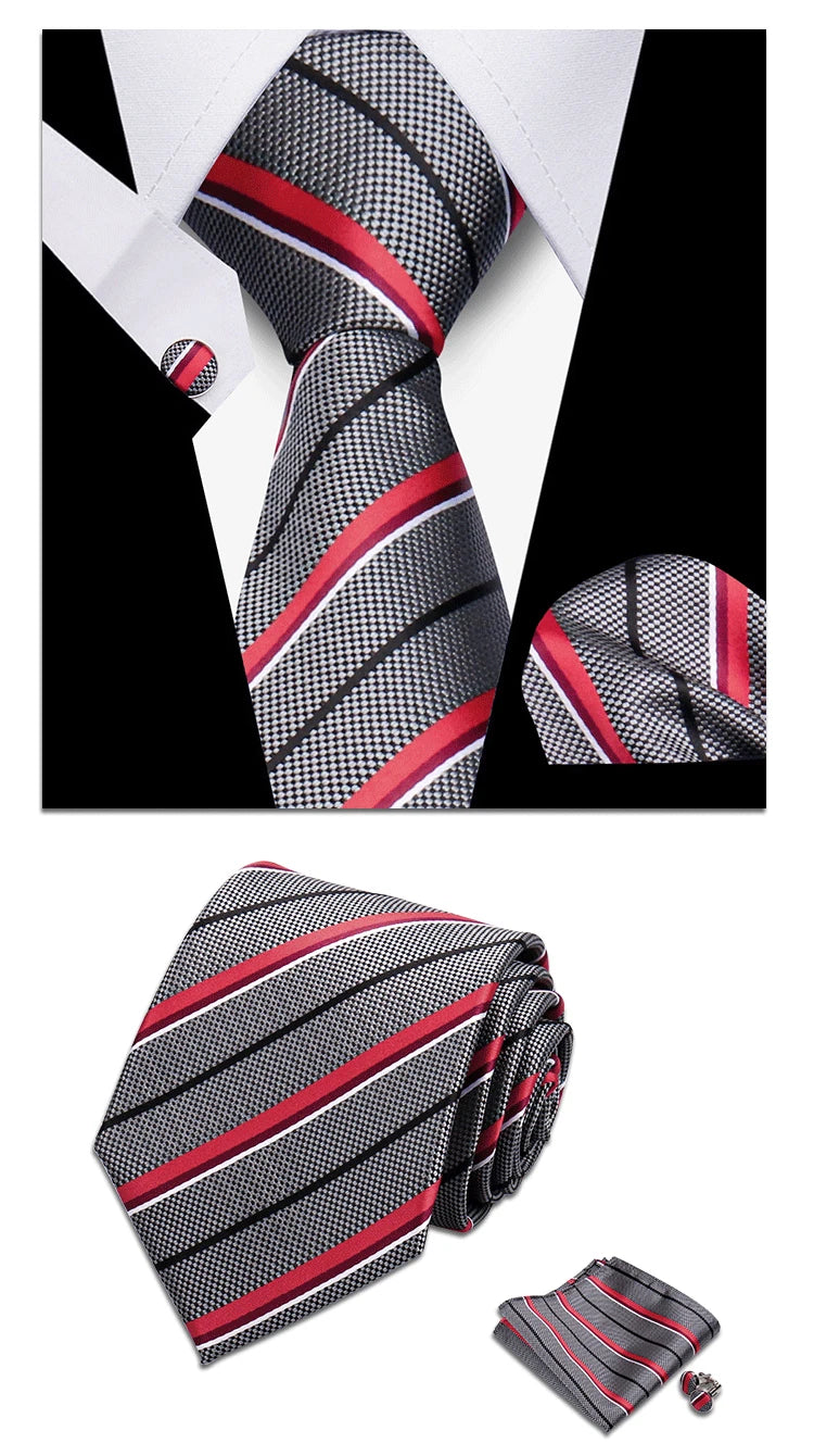 Classic Elegant Ties For Men Fashion Gifts Striped Solid Necktie Handchief Cufflink 3 Pcs Set Wedding Business Suit Accessories