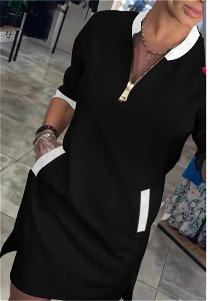 Spring Elegant Women's Dress Autumn Long Sleeve Zipper O Neck Fashion Dress For Women 2025 Casual Loose Dresses Female