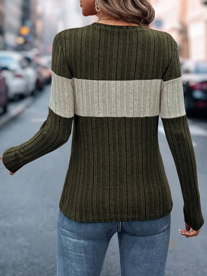 Women Tops Knitted Round Neck Full Sleeve Slim Fit Casual Regular Top Splice Tees Pleated Elegant T Shirts Autumn 2024