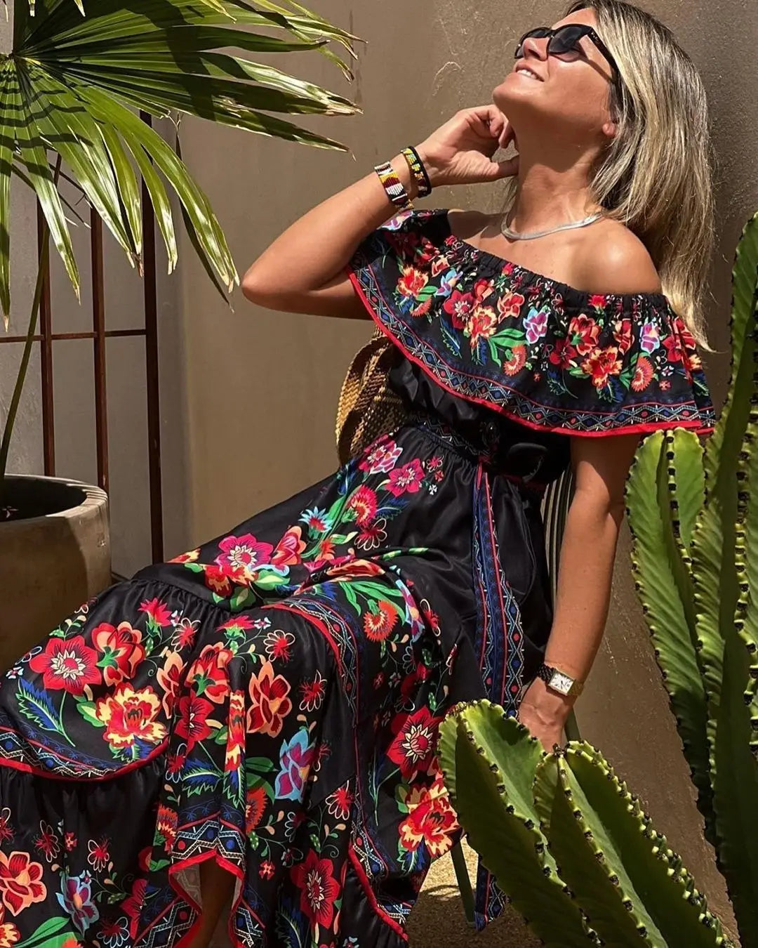 2024 Spring Summer Women's New Sexy One Shoulder Off Shoulder Fashion Red Flower Printed Lace Up Waist Long Swing Dress