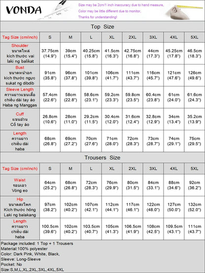Plus Size VONDA 2024 Women Ruffled Sets Fashion Solid Color Suits Long Sleeve Irregular Top Patchwork Fitting Outfits 2pcs